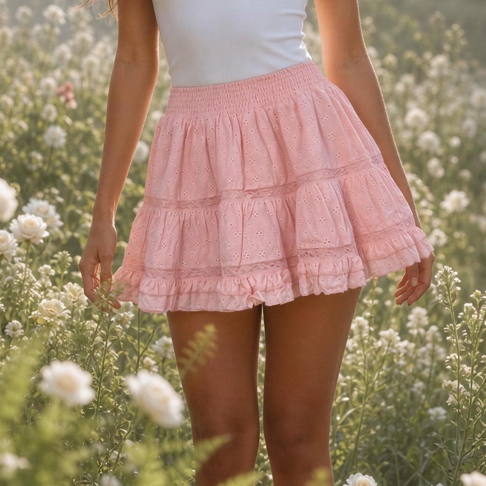STatement Pink Eyelet Tiered Mini Skirt Smocked Waist Lace Trim PW2005384 Size M